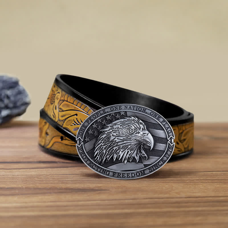 Men's DIY Patriotic Bald Eagle USA Flag Buckle Leather Belt - Antique Silver - SandyBrown Belt (40) - image 21