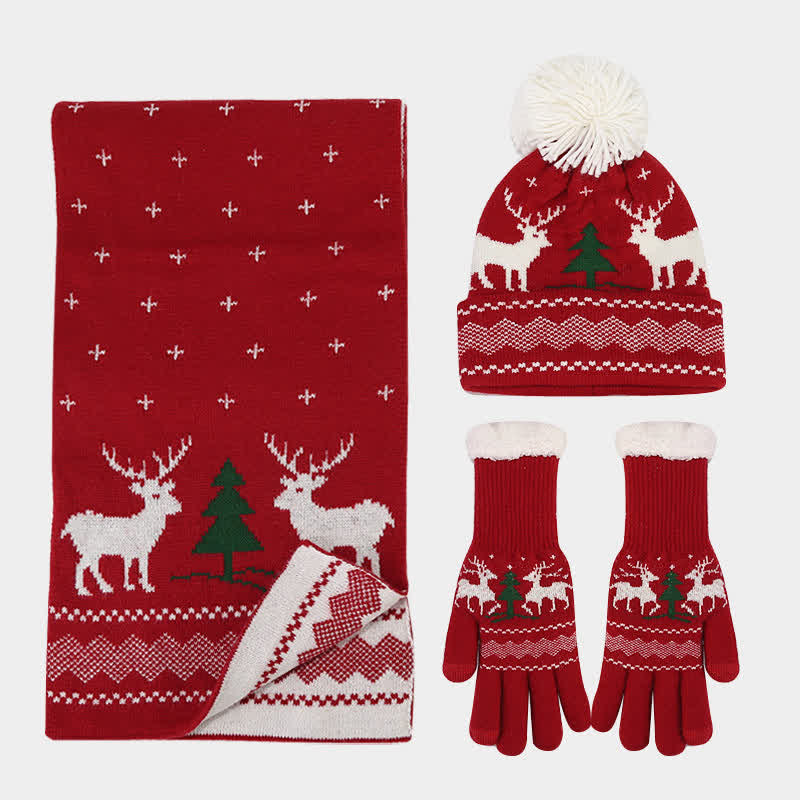 3Pcs Women's Reindeer Tree Jacquard Hat Scarf Gloves Set - image 1