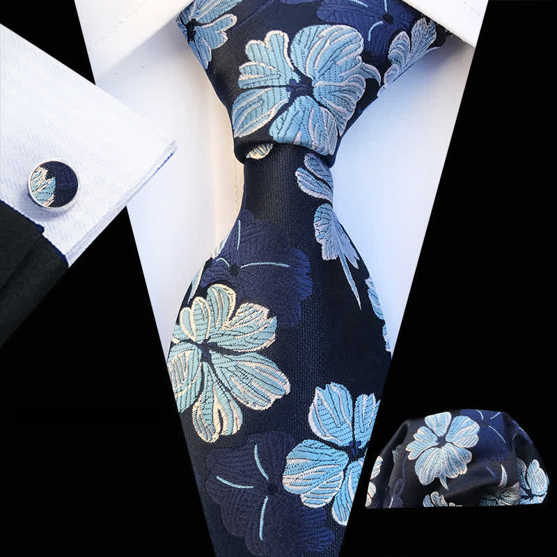 3Pcs Men's Daisy Floral Necktie Set - Navy - image 6