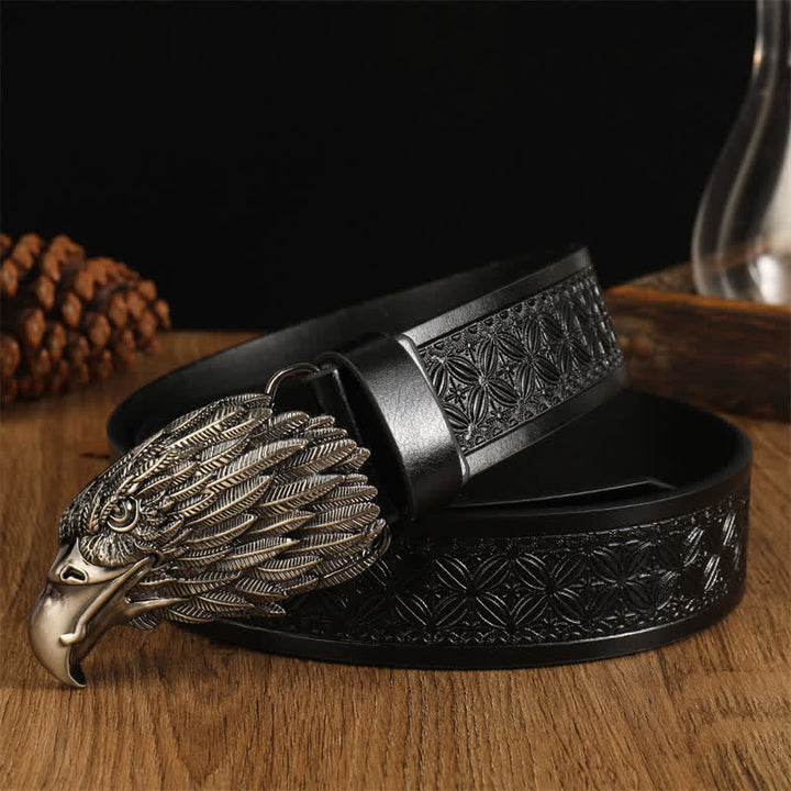 Men's Eagle Head Realistic Vulture Western Leather Belt - Black #2 / SIlver - 42 - image 6