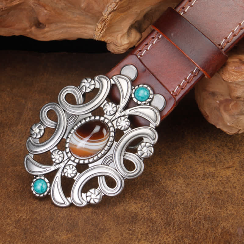 Unisex Agate Stone Turquoise Hollow Flower Leather Belt - image 3