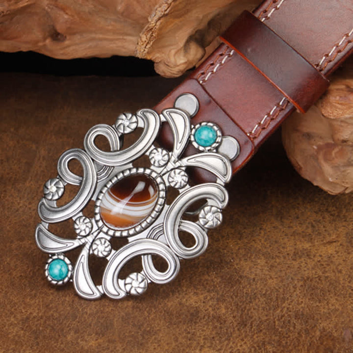 Unisex Agate Stone Turquoise Hollow Flower Leather Belt - image 3