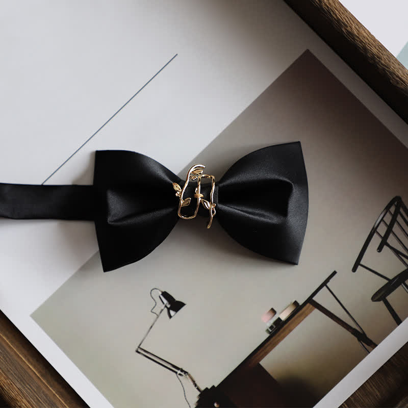 Men's Gold Vine Leaf Silky Sateen Bow Tie - Black - image 8