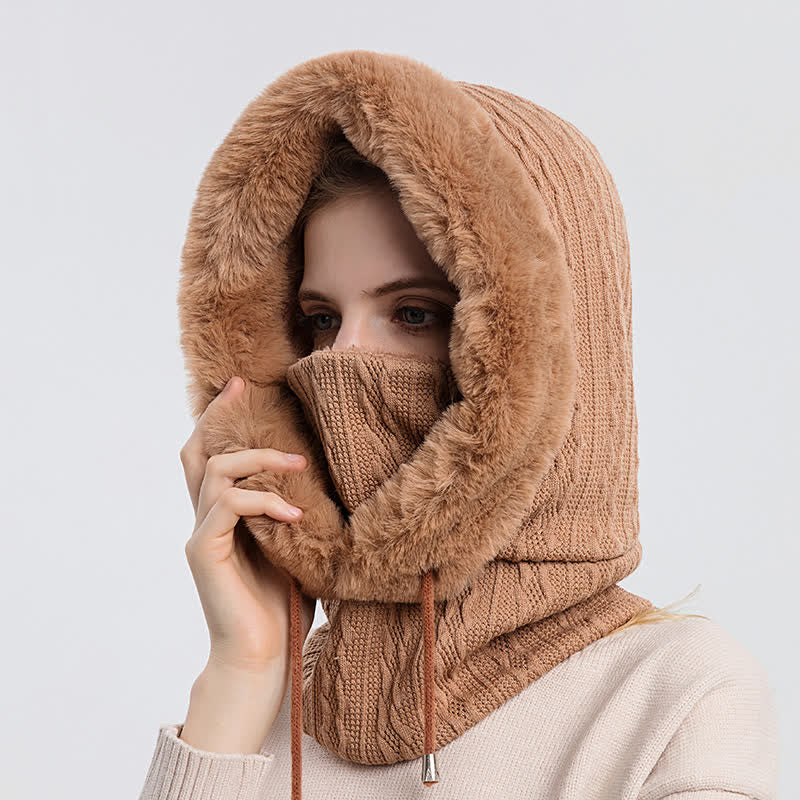 Women's Candy Color Face Hood Mask Knitted Hat - Brown - Adjustable (22"-23 1/4") - image 6