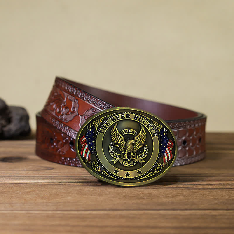 Men's DIY Eagle USA Flag Creative Beer Holder Buckle Leather Belt - Bronze - Brown Carved Belt (40) - image 25