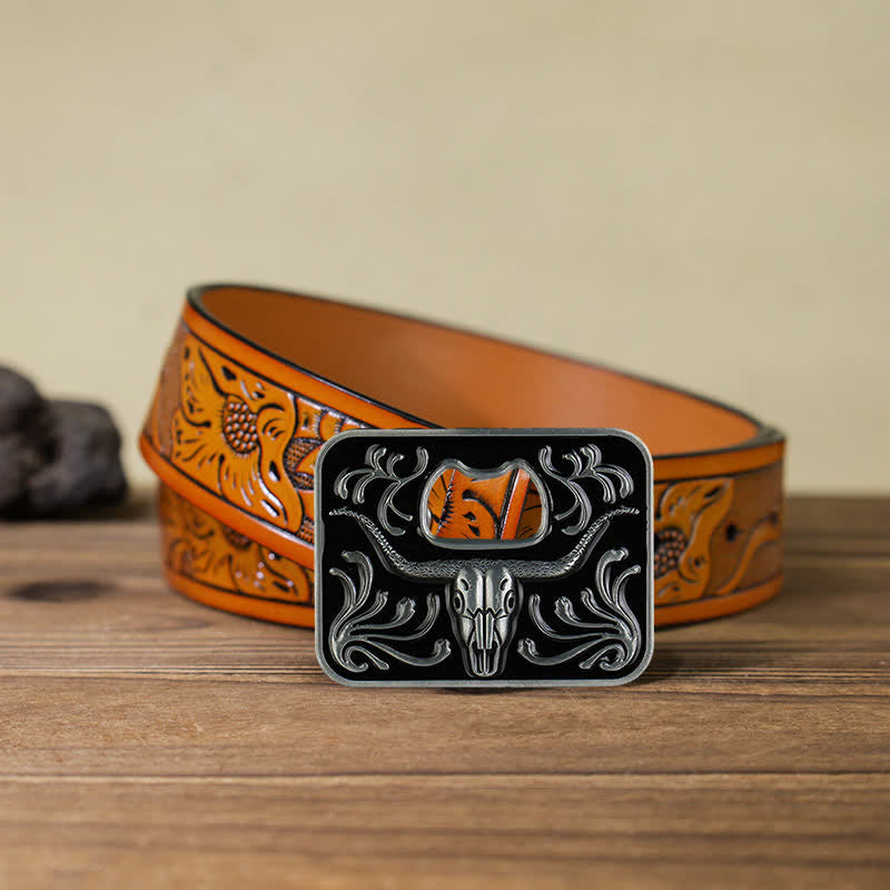Men's DIY Opener Buckle Leather Belt - Bull - Orange Carved Belt (40) - image 14