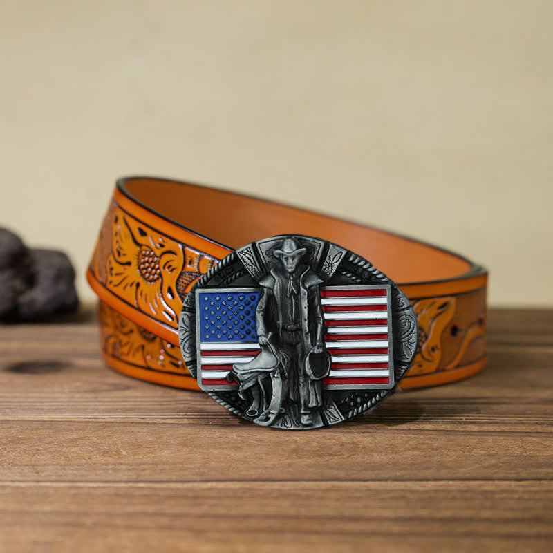 Men's DIY American Flag Cowboy Buckle Leather Belt - Cowboy - Orange Carved Belt (40) - image 19