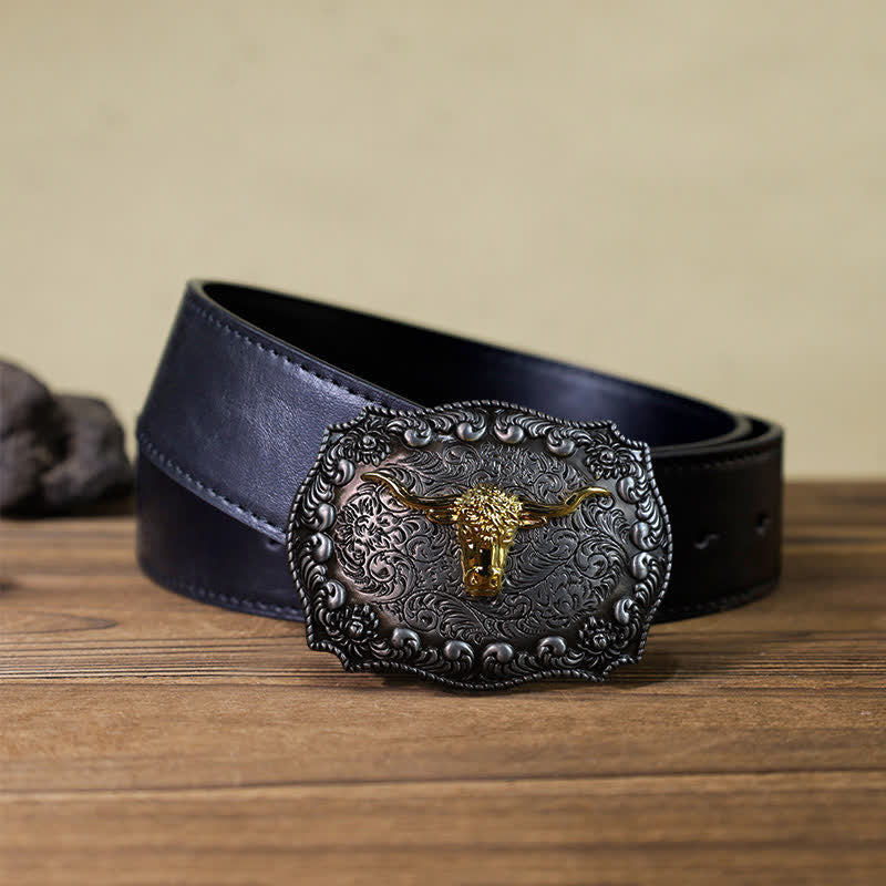 Men's DIY Longhorn Bull Antiqued Silver Buckle Leather Belt - Gold - Black PU Belt (40) - image 3