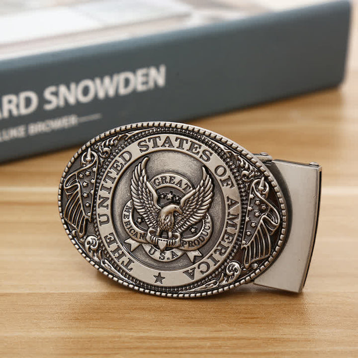 Men's DIY USA Eagle Flag Automatic Buckle Leather Belt - Antique Silver - Without Belt - image 0