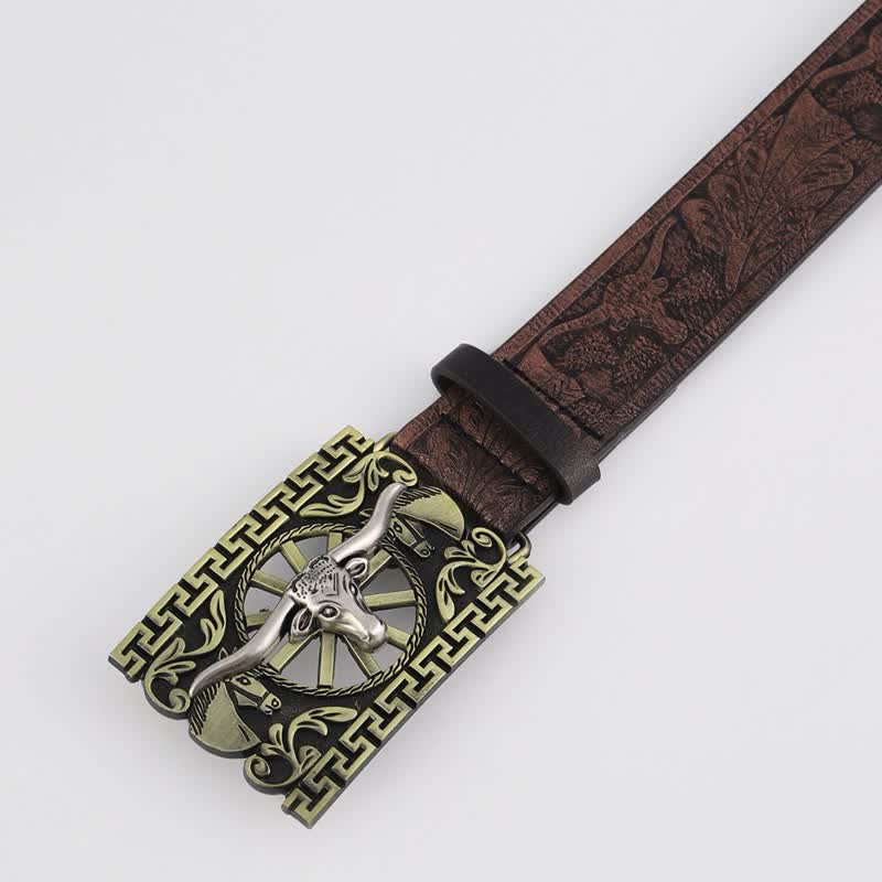 Men's Bronze Hollow Cattle Bull Buckle Leather Belt - image 1