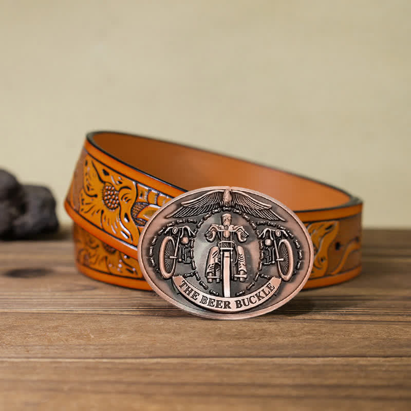 Men's DIY Bicycle Rider Creative Beer Holder Buckle Leather Belt - Copper - Orange Carved Belt (40) - image 34