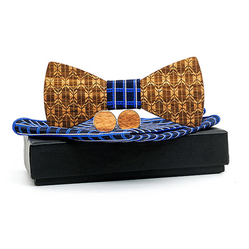 3Pcs Men's Carving Crown Wooden Bow Tie Set - Blue Chequer - image 0