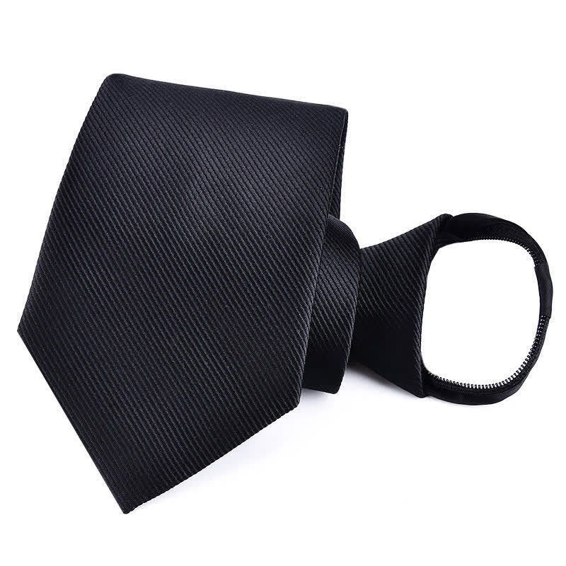 Men's Bussiness Zipper Tie Plaid Striped Necktie - Solid Black - image 10