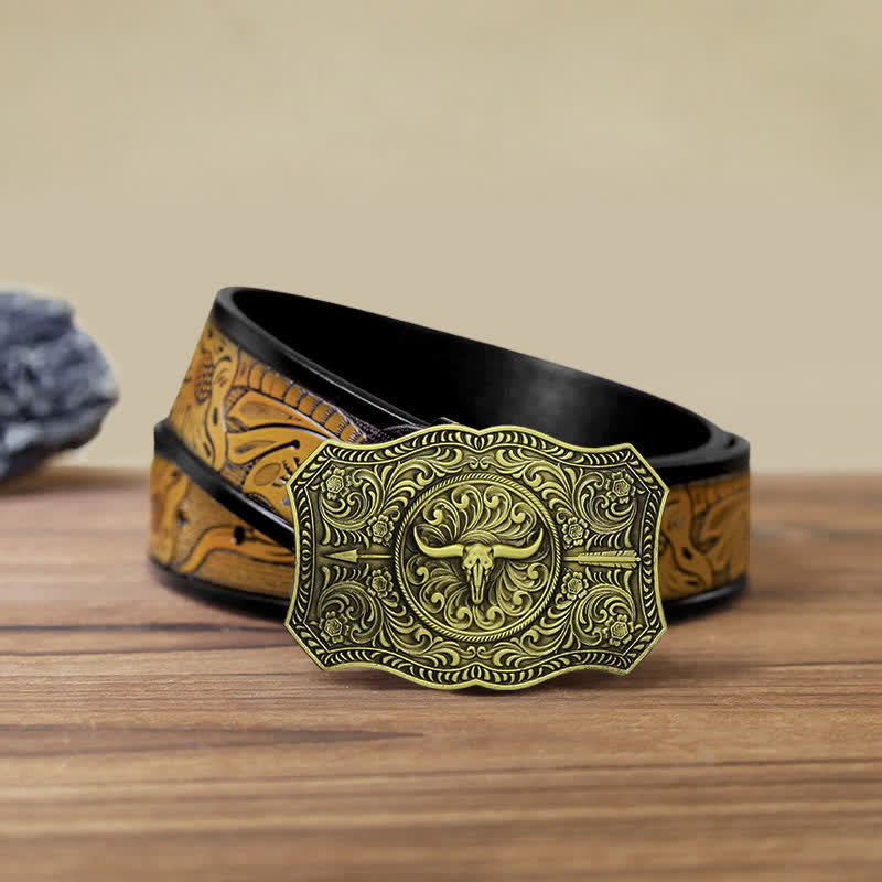 Men's DIY Long Horn Bull Arrow Buckle Leather Belt - Antique Bronze - SandyBrown Belt (40) - image 22