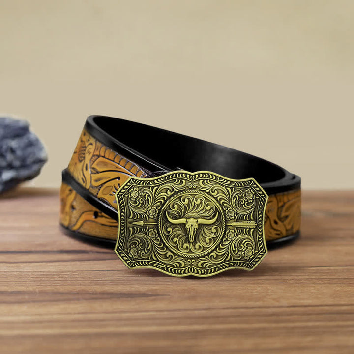 Men's DIY Long Horn Bull Arrow Buckle Leather Belt - Antique Bronze - SandyBrown Belt (40) - image 22