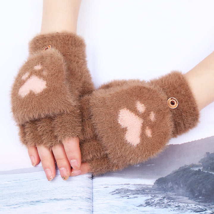 Women's Warm Cat Paw Print Mittens Fluffy Gloves - Coffee - image 7