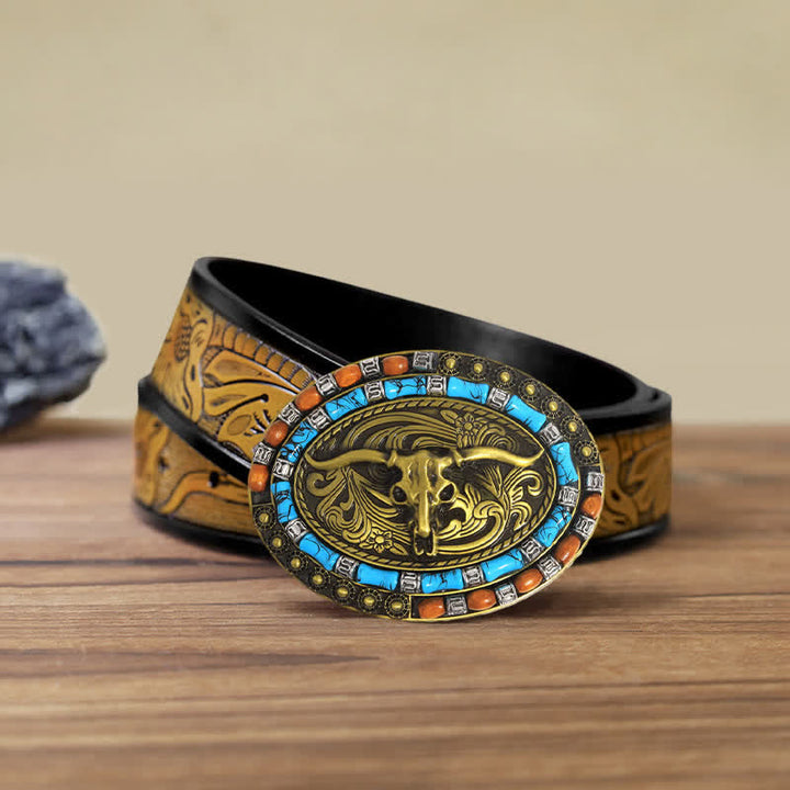 Men's DIY Turquoise Wood Bead Bull Buckle Leather Belt - Gold - SandyBrown Belt (115 cm/46 inch) - image 19