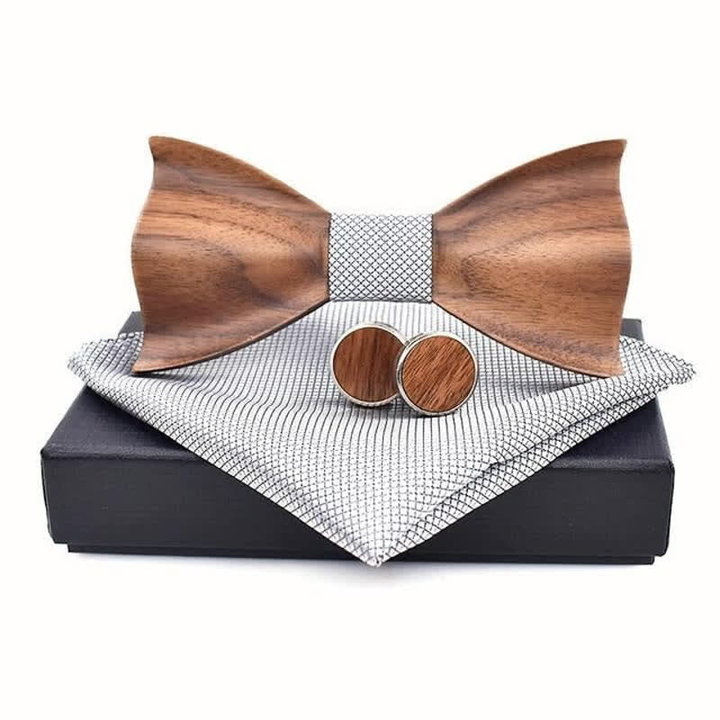 3Pcs Men's Small Checkered Wooden Bow Tie Set - Gray - image 2