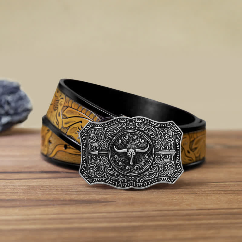 Men's DIY Long Horn Bull Arrow Buckle Leather Belt - Antique Silver - SandyBrown Belt (40) - image 21