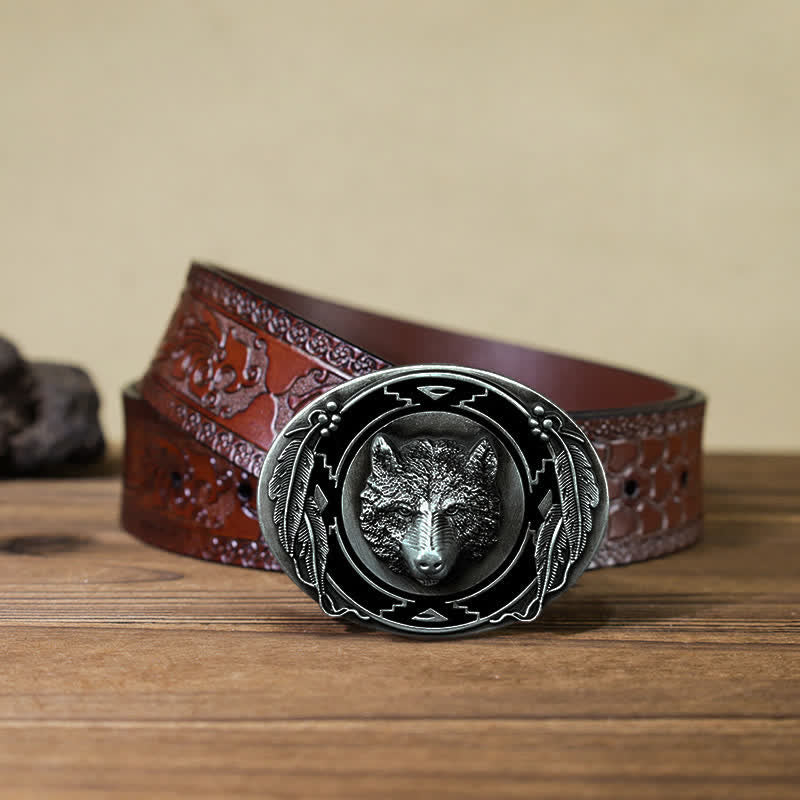 Men's DIY Vivid Wolf Head Buckle Leather Belt - Wolf Head - Brown Carved Belt (40) - image 13