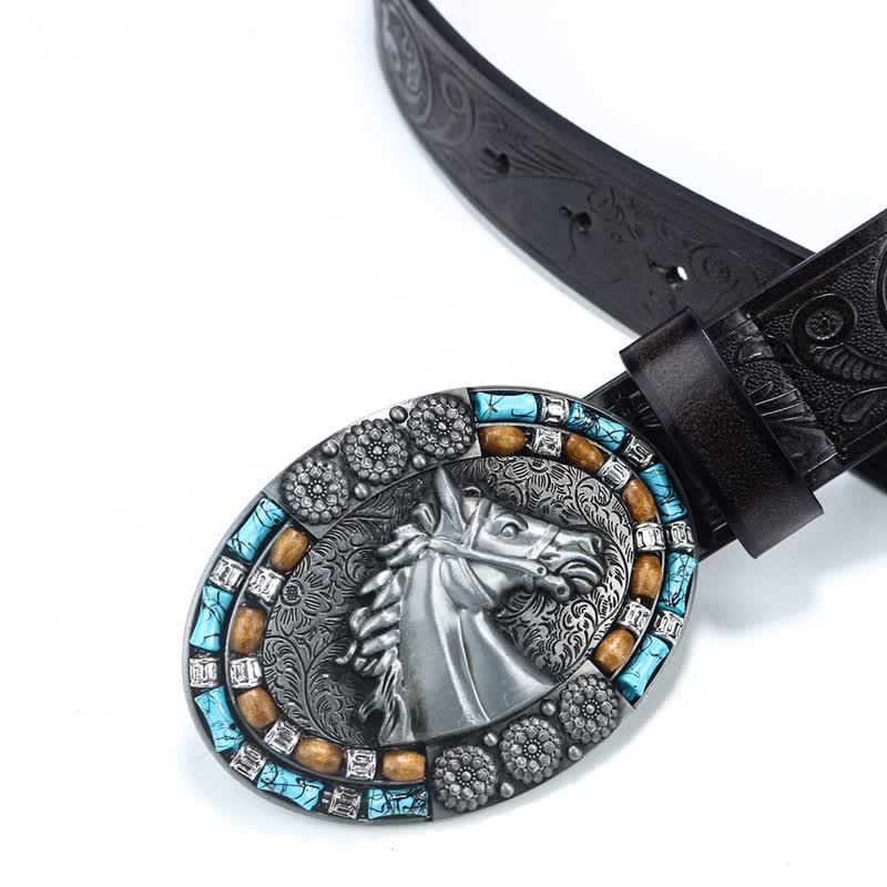 Men's Cowboy Horse Head Turquoise Leather Belt - image 10