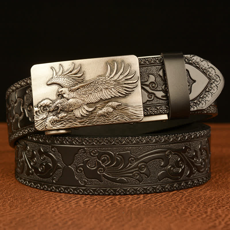 Men's Eagle Expanded Its Wings Leather Belt - Silver & Black - 46 - image 17