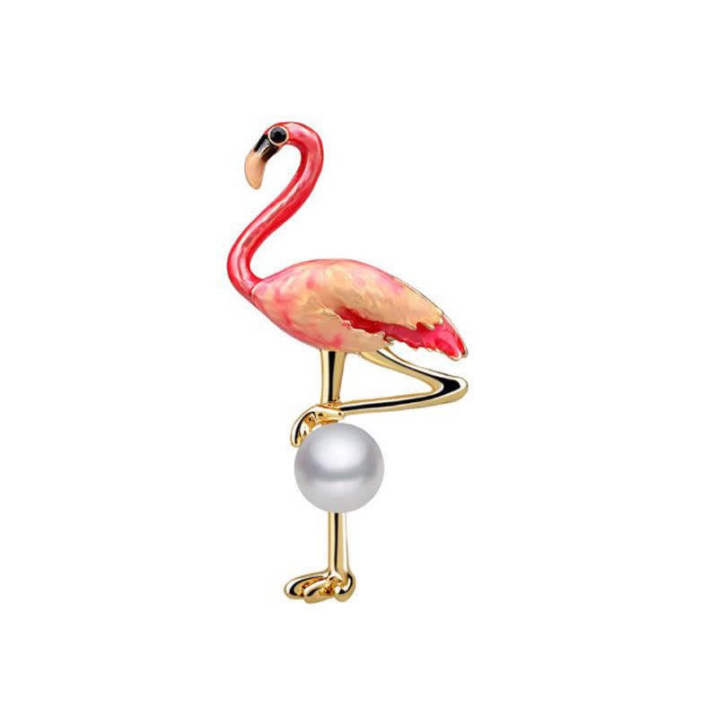 Women's Enameled Flamingo With Pearl Brooch - Pink - image 0
