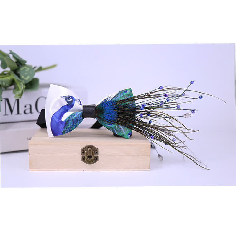 Blue Peacock Tail Beaded Feather Bow Tie - image 1