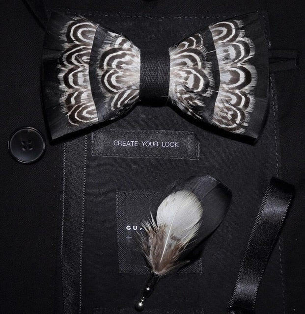 Black & White Tiger Stripes Feather Bow Tie with Lapel Pin - Adult - image 0