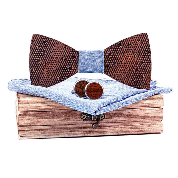 3Pcs Men's Hollow Leaves-shaped Wooden Bow Tie Set - Light Blue - image 6
