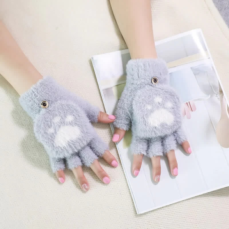 Women's Warm Cat Paw Print Mittens Fluffy Gloves - image 1