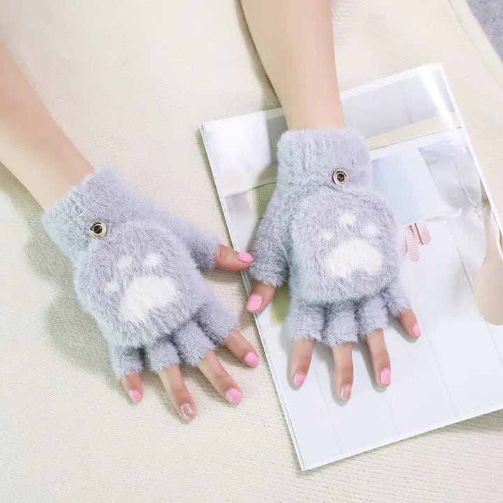 Women's Warm Cat Paw Print Mittens Fluffy Gloves - image 1
