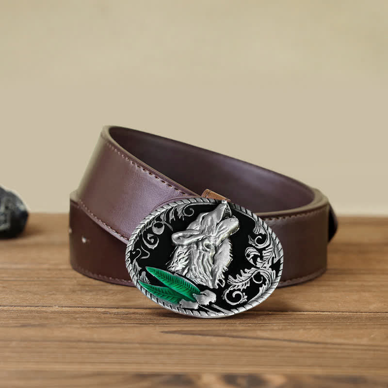 Men's DIY Howling Wolf Head Buckle Leather Belt - Antique Silver - Brown PU Belt (40) - image 9