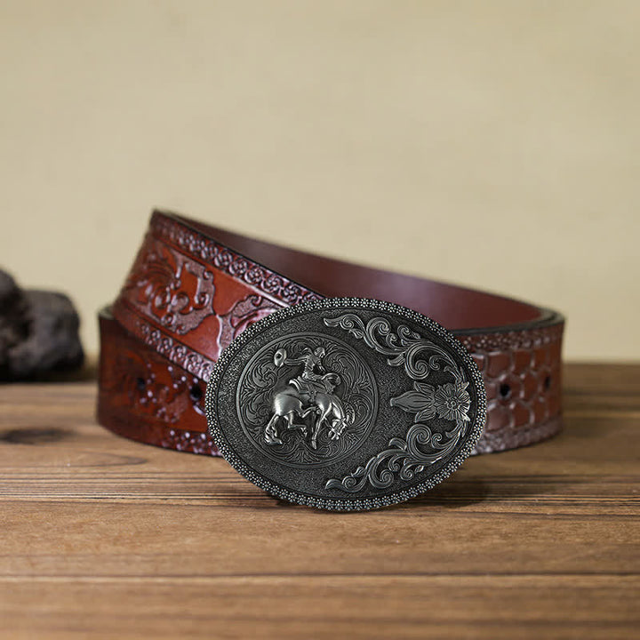 Men's DIY Off-Road Horse Riding Buckle Leather Belt - Horse Riding - Brown Carved Belt (40) - image 10