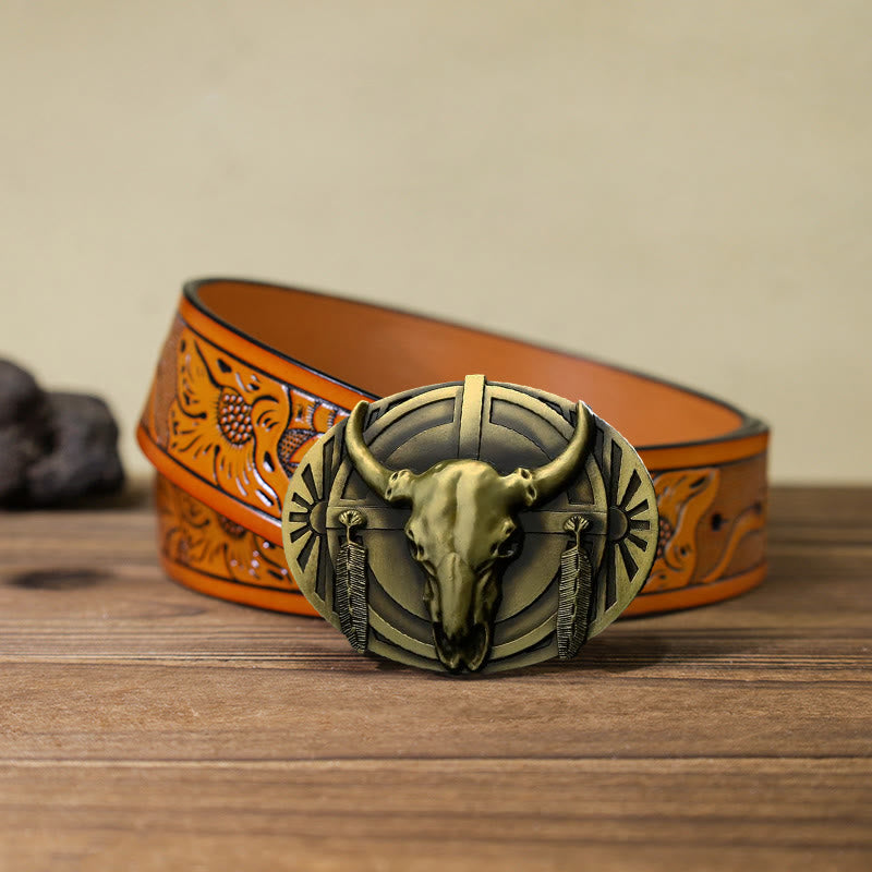 Men's DIY Buckle Leather Belt - Bronze - Orange Carved Belt (40) - image 22