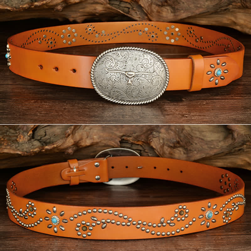 Men's Punk Rivet Longhorn Bull Turquoise Real Leather Belt - image 2