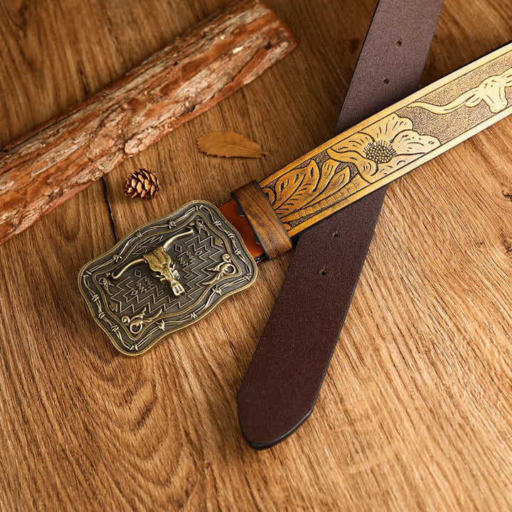 Men's Western Totem Bull Head Leather Belt - image 1