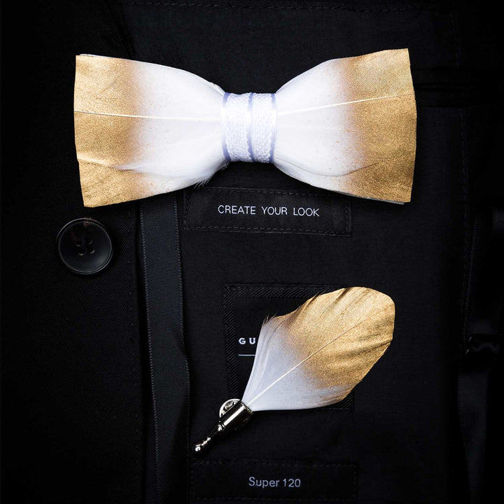 Gold & White Classic Feather Bow Tie with Lapel Pin - Gold & White - image 0