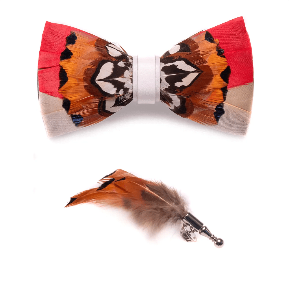Orange & White Lively Feather Bow Tie with Lapel Pin - image 2