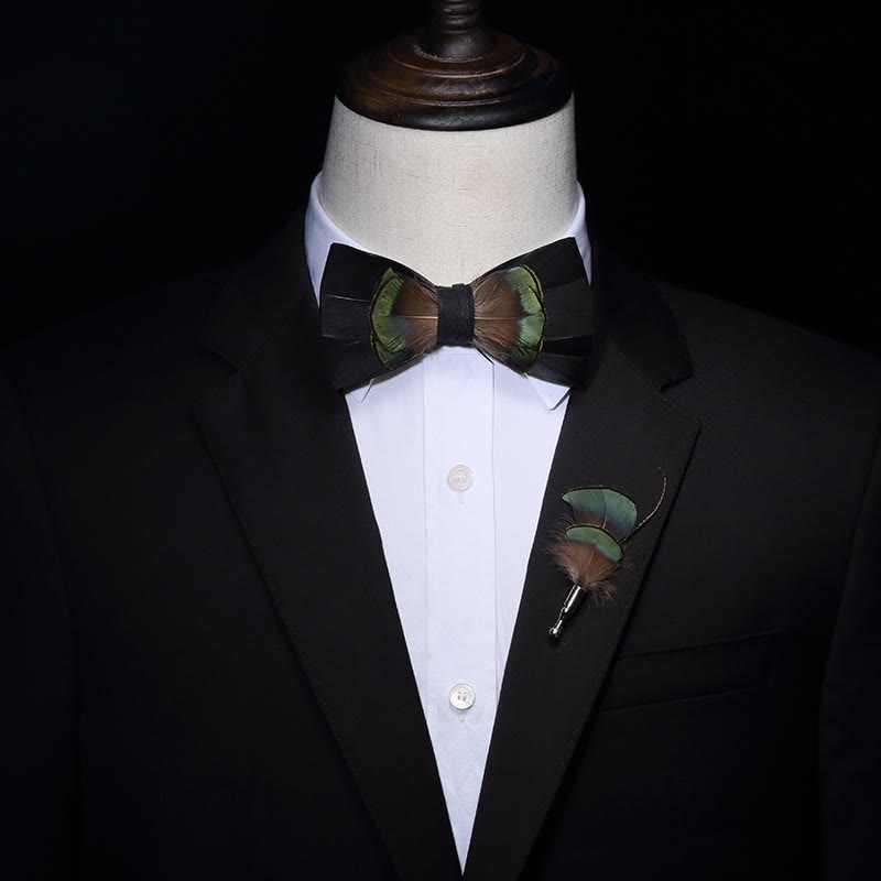 Green & Brown Spring Feather Bow Tie with Lapel Pin - image 2