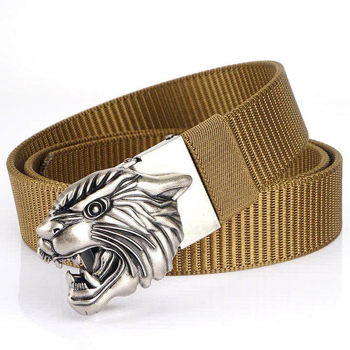 Men's Roaring Tiger Head Nylon Belt - Khaki / Silver - 48" - image 15