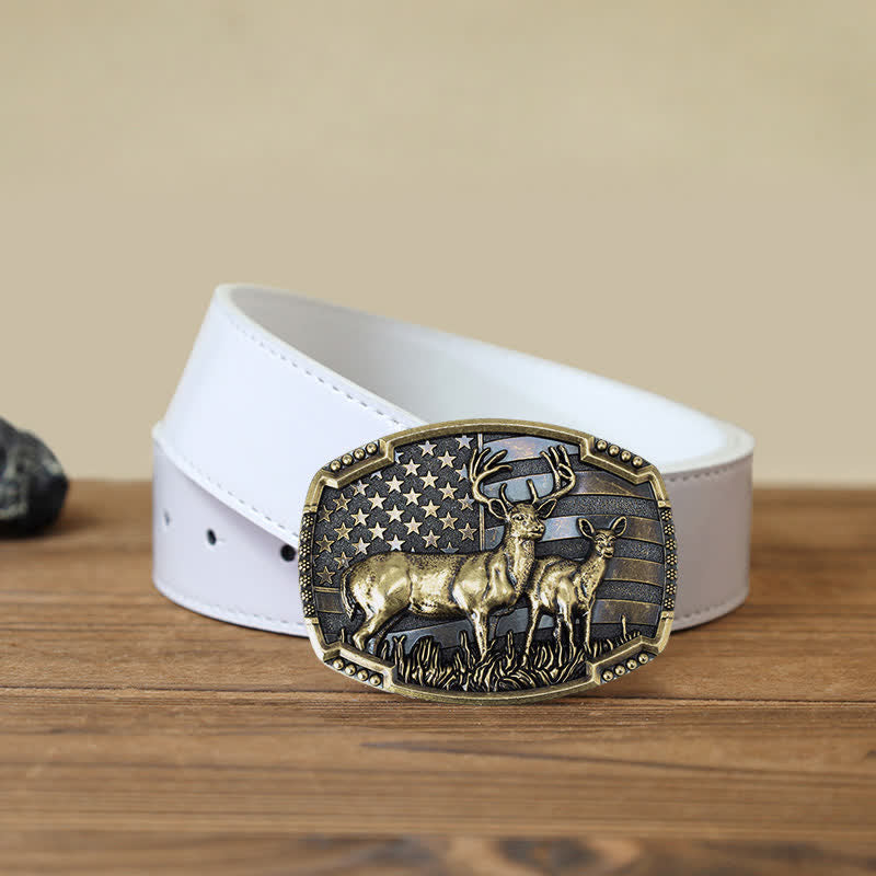 Men's DIY Deer Hunter American Flag Buckle Leather Belt - Gold Deers - White PU Belt (40) - image 15