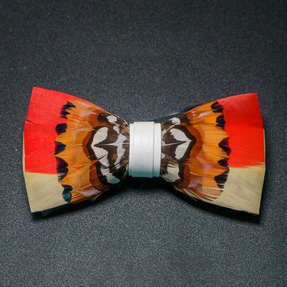 Orange & White Lively Feather Bow Tie with Lapel Pin - image 1
