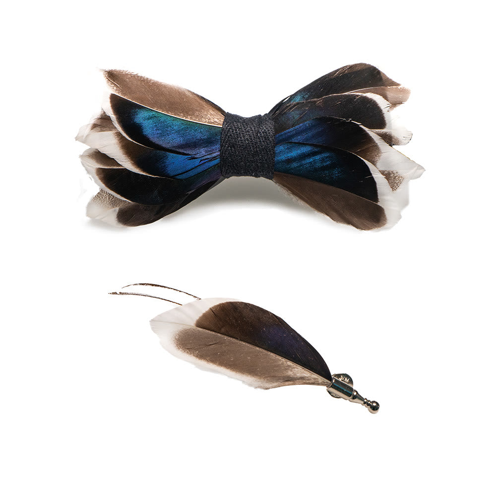 DarkBlue & Brown Graceful Feather Bow Tie with Lapel Pin - image 3