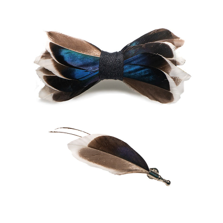 DarkBlue & Brown Graceful Feather Bow Tie with Lapel Pin - image 3