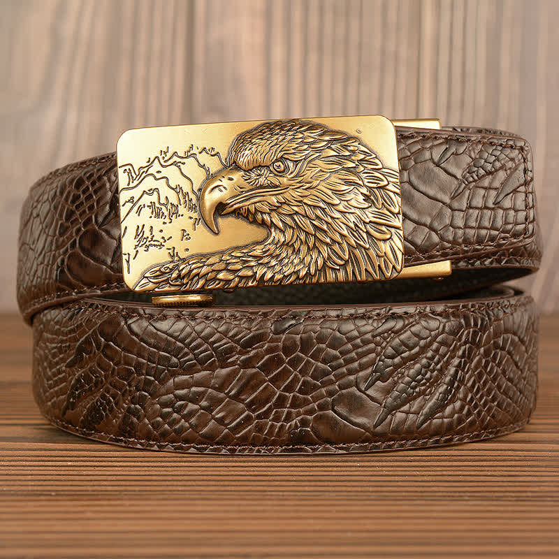 Men's Carved Eagle Crocodile Pattern Leather Belt - Gold & Brown - Crocodile Claw - 44 - image 12