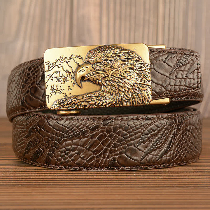 Men's Carved Eagle Crocodile Pattern Leather Belt - Gold & Brown - Crocodile Claw - 44 - image 12