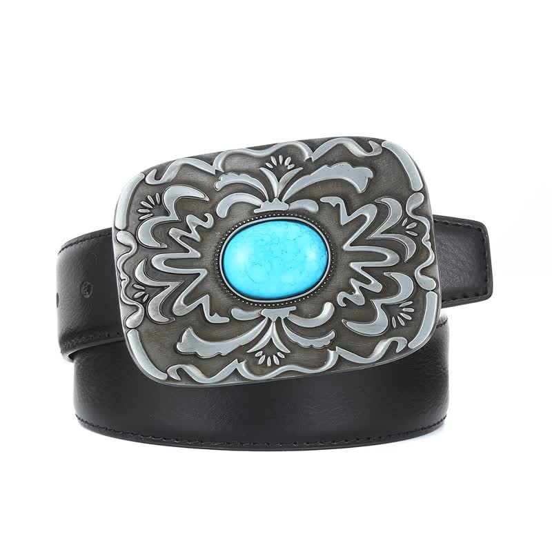 Men's DIY Turquoise Stone Flower Buckle Leather Belt - image 2