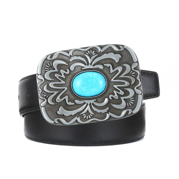 Men's DIY Turquoise Stone Flower Buckle Leather Belt - image 2