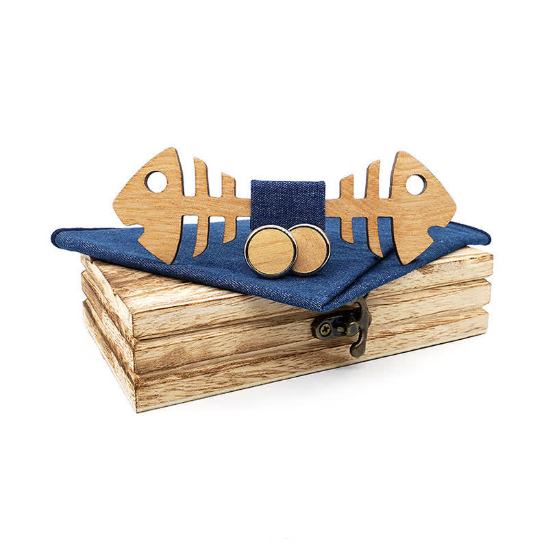 3Pcs Men's Fishbone Wooden Bow Tie Set - Blue - image 10
